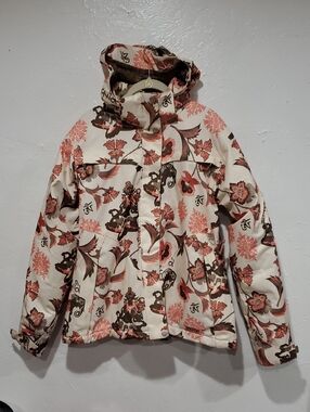 Oriental Floral Patterned Ski Jacket - Cream with Coral & Brown Print